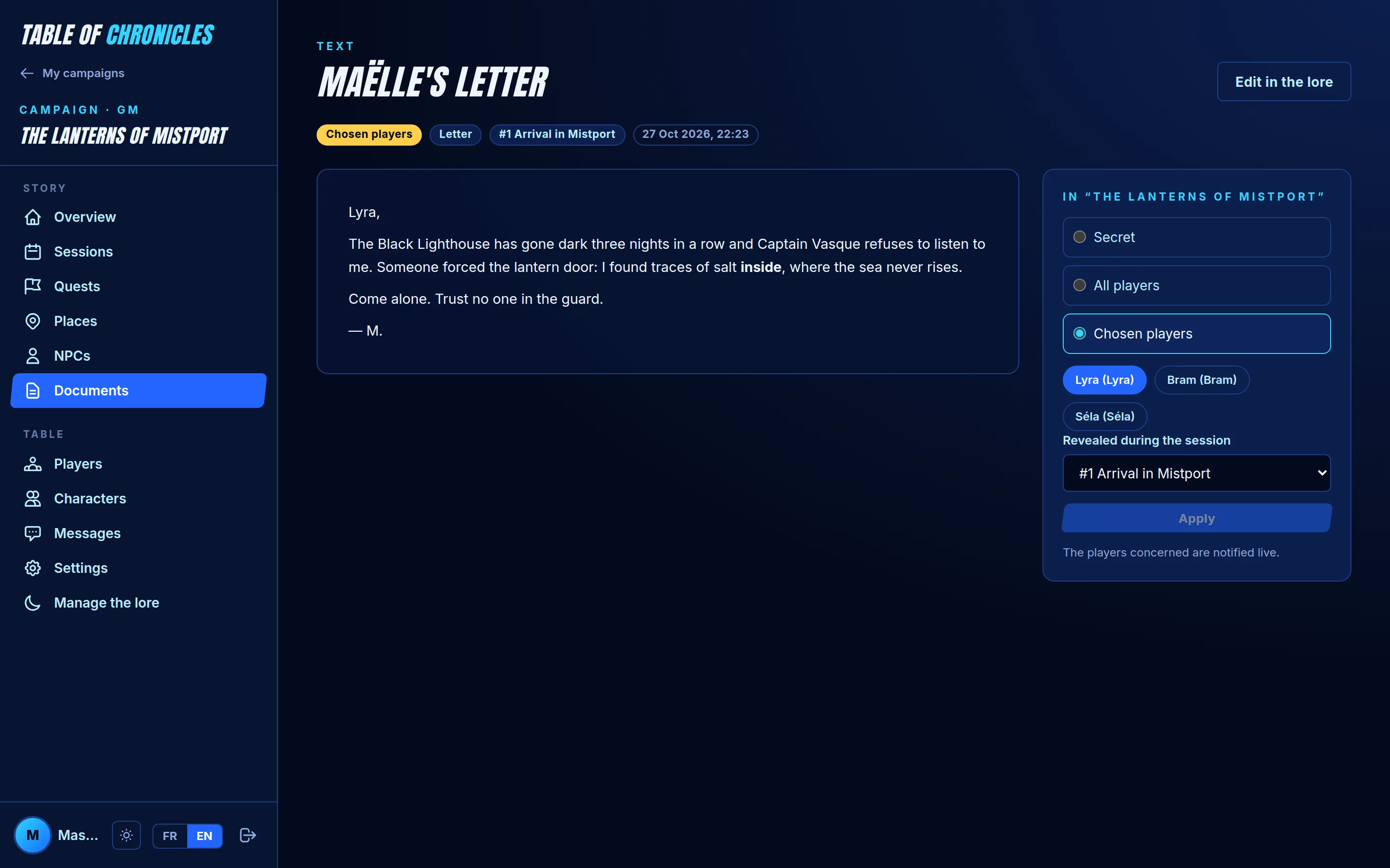 The document “Lettre de Maëlle” revealed to a single player during session 1