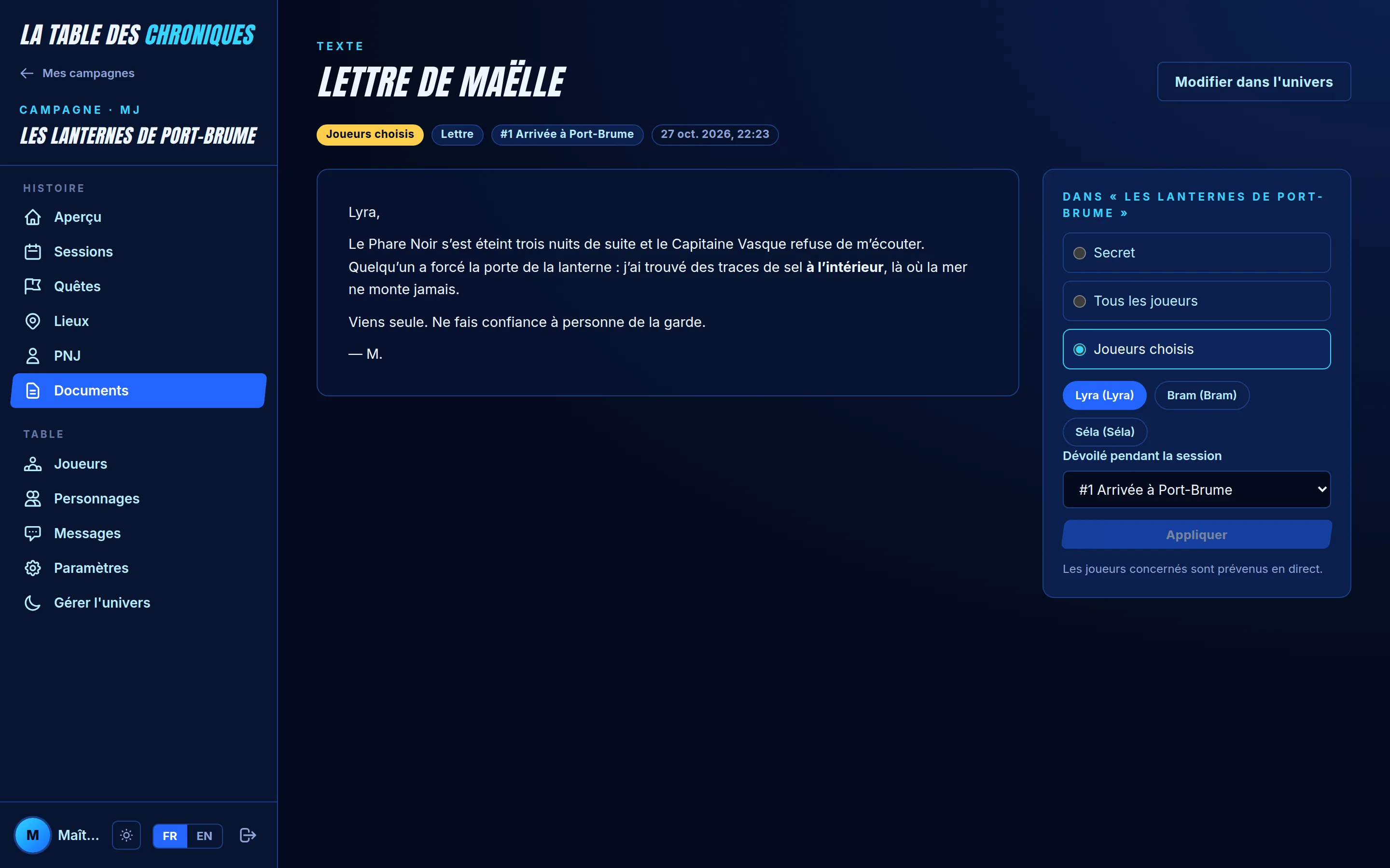 Document « Lettre de Maëlle » dévoilé à une seule joueuse pendant la session 1